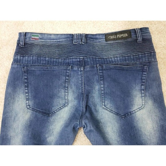 Chili Pepper CP~ Men's Size 38~ Dark Denim Slim Fit Jean's Distressed. - Picture 12 of 13